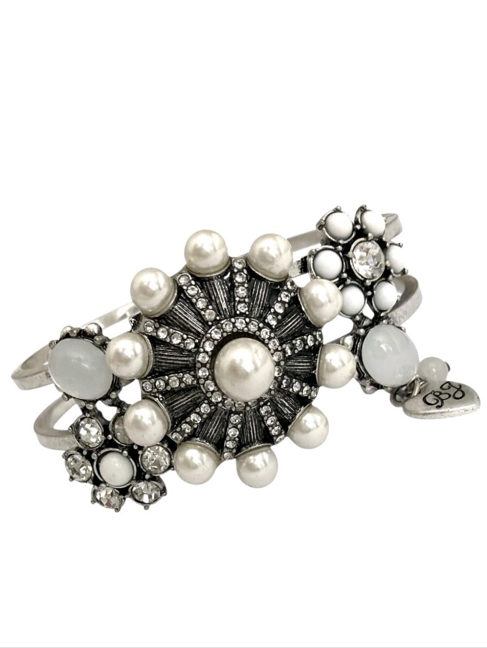 Betsey Johndon "Something New" Faux Pearl & Crystal Statement Hinged Bracelet